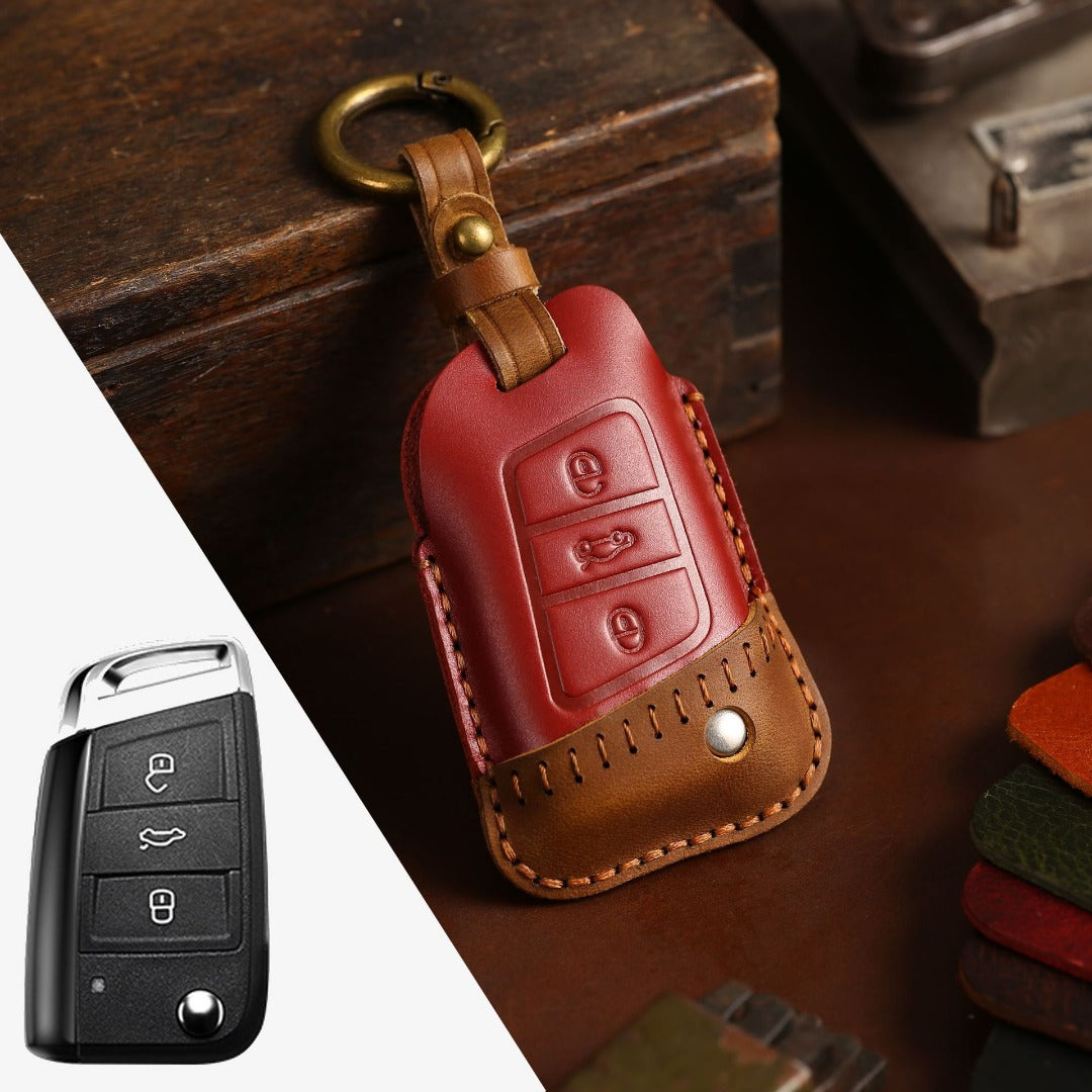 Carsine Volkswagen Sagitar Magotan Leather Car Key Cover 3 Button Red / 3 Button