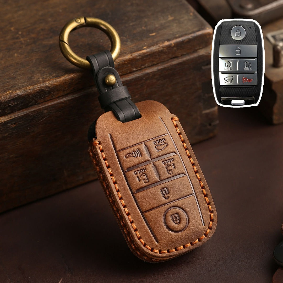 Carsine Kia Carnival MPV Leather Car Key Cover 6 Button Brown / 6 Button