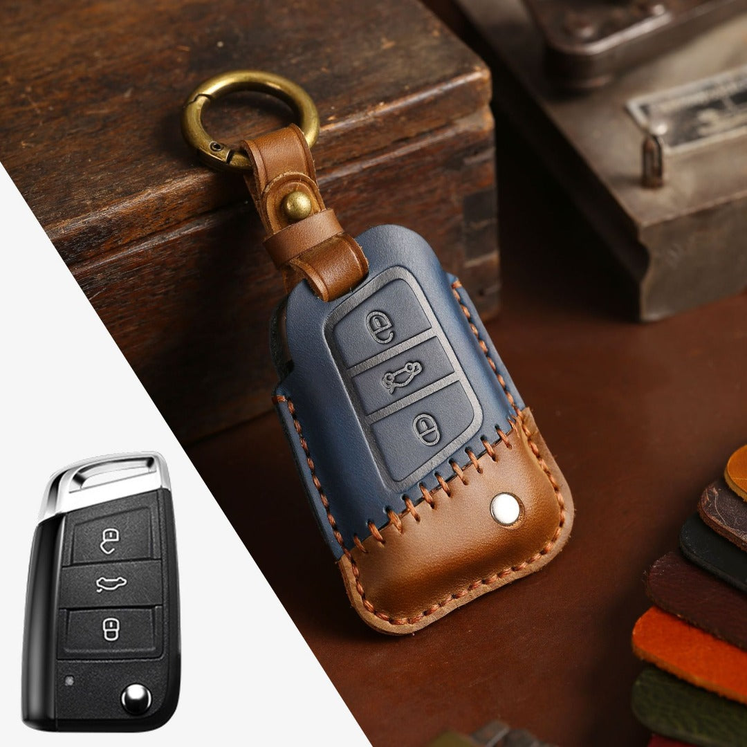 Carsine Volkswagen Sagitar Magotan Leather Car Key Cover 3 Button Blue / 3 Button