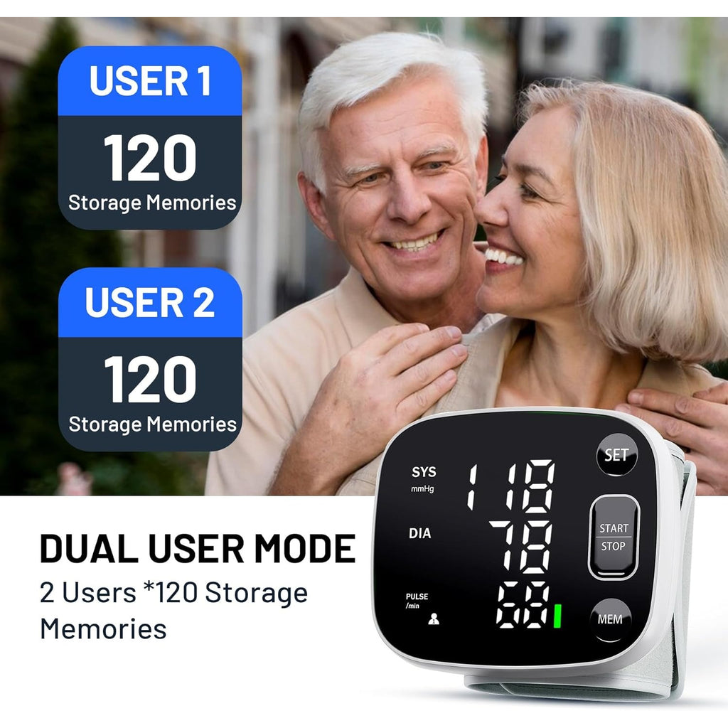 Blood Pressure Monitor Rechargeable Blood Pressure Monitors for Home Use Adjustable Automatic Wrist Cuff Voice Broadcast 2 * 120 Reading Memory for 2 Users with Carrying Case