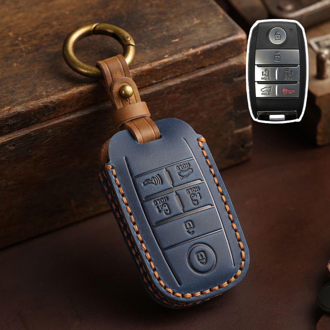 Carsine Kia Carnival MPV Leather Car Key Cover 6 Button Blue / 6 Button