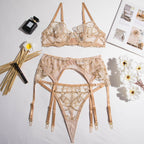 Gold Gathered See-Through Sexy Lingerie 3-Piece Set G string Thong