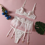 Hem embroidered bra garter three piece set G string Thong