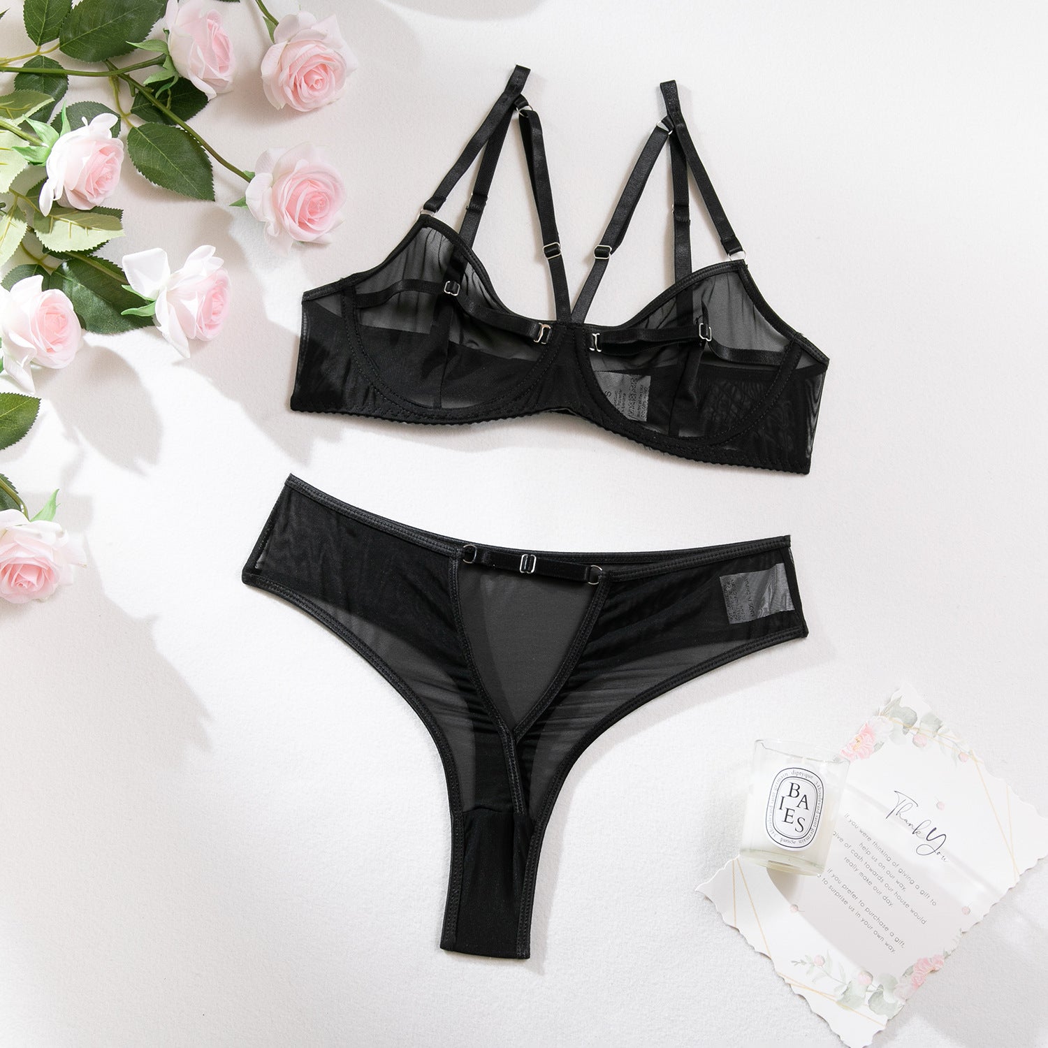 Durchsichtiges, sexy Dessous-Set aus Mesh, 2-teilig: String und Tanga