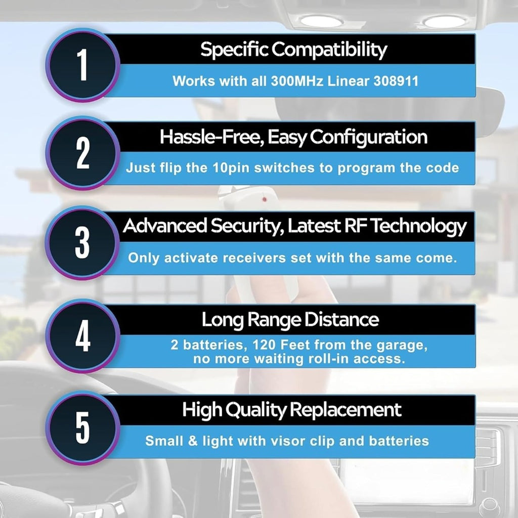 Multicode Linear 308911, 10-DIP-Schalter-Fernbedienung für Toröffner (300 MHz), Multicode-Fernbedienung für Garagentoröffner, Ersatz für Garagentoröffner 