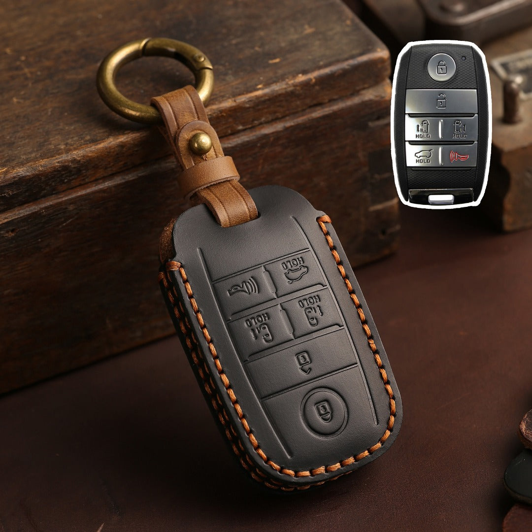 Carsine Kia Carnival MPV Leather Car Key Cover 6 Button Black / 6 Button