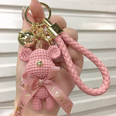 Carsine Braided Bear Keychain Pendant Pink bear