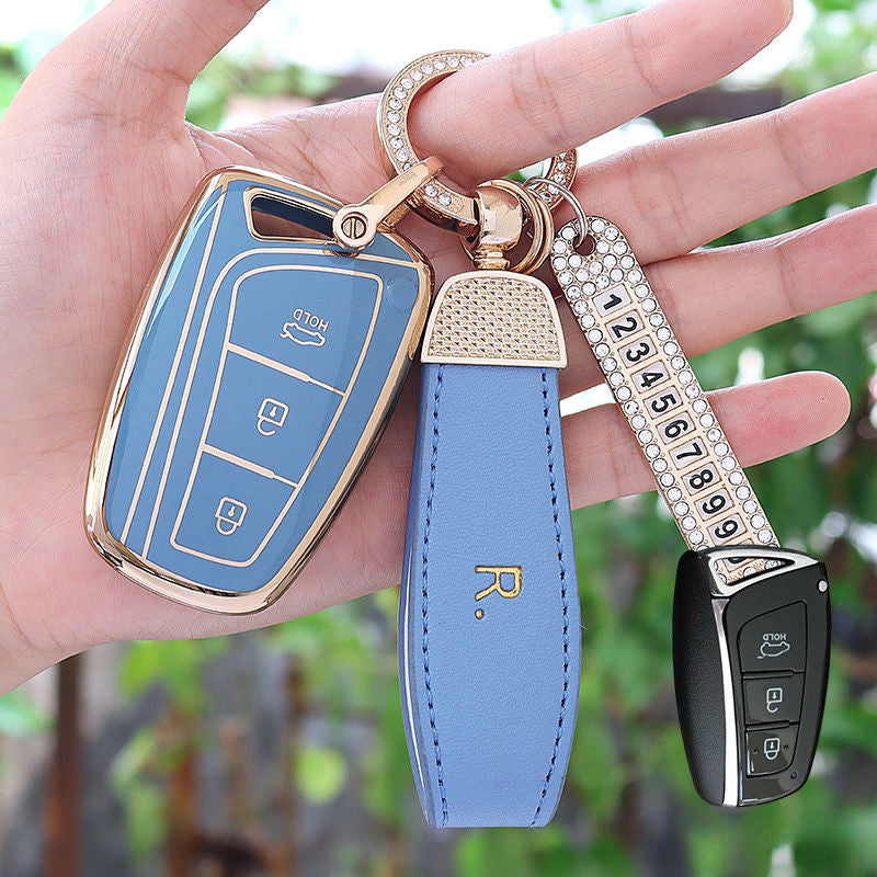 Carsine Hyundai Car Key Case Golden Edge Grey / Key case + R strap