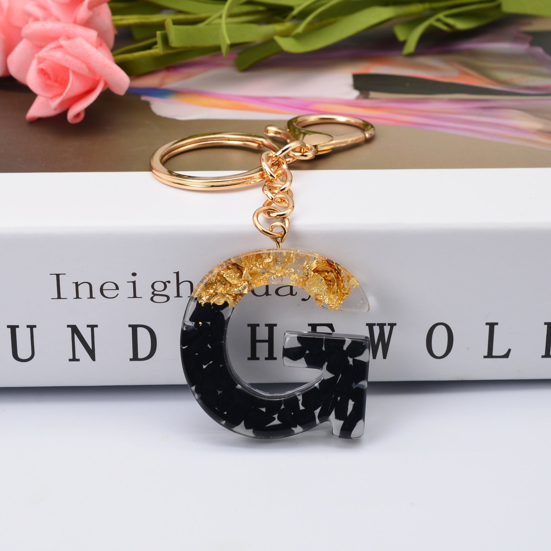 Carsine Black Pompom 26 Alphabets Keychain gold / G