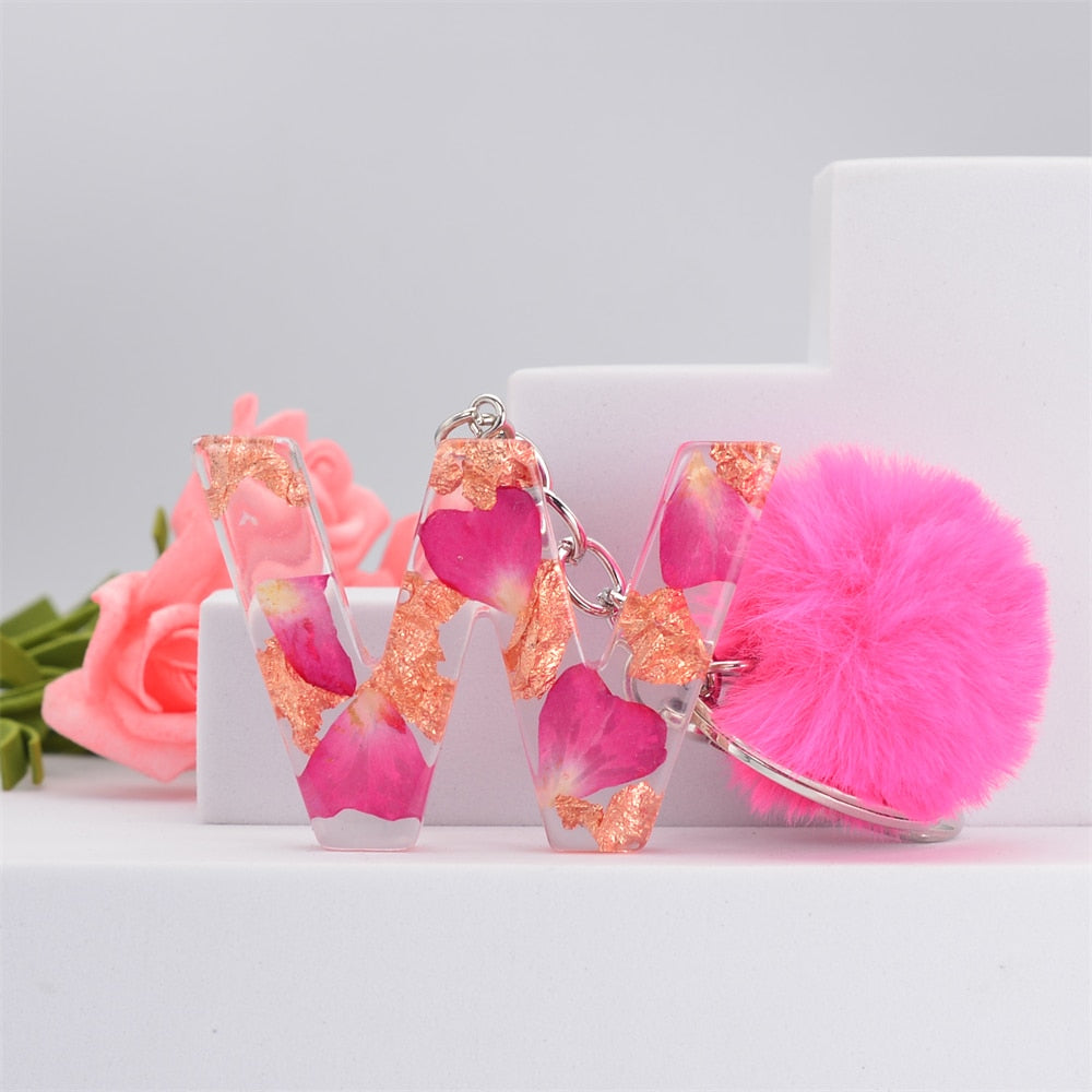 Carsine Pink Pompom 26 Alphabets Keychain W